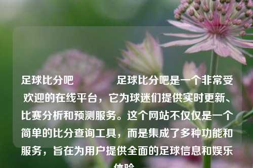 足球比分吧👍足球比分吧是一个非常受欢迎的在线平台，它为球迷们提供实时更新、比赛分析和预测服务。这个网站不仅仅是一个简单的比分查询工具，而是集成了多种功能和服务，旨在为用户提供全面的足球信息和娱乐体验。